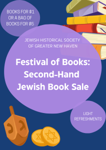 Blue and purple poster for "Festival of books: second-hand Jewish book sale" with clip art of books, a dreidel, and gelt.  