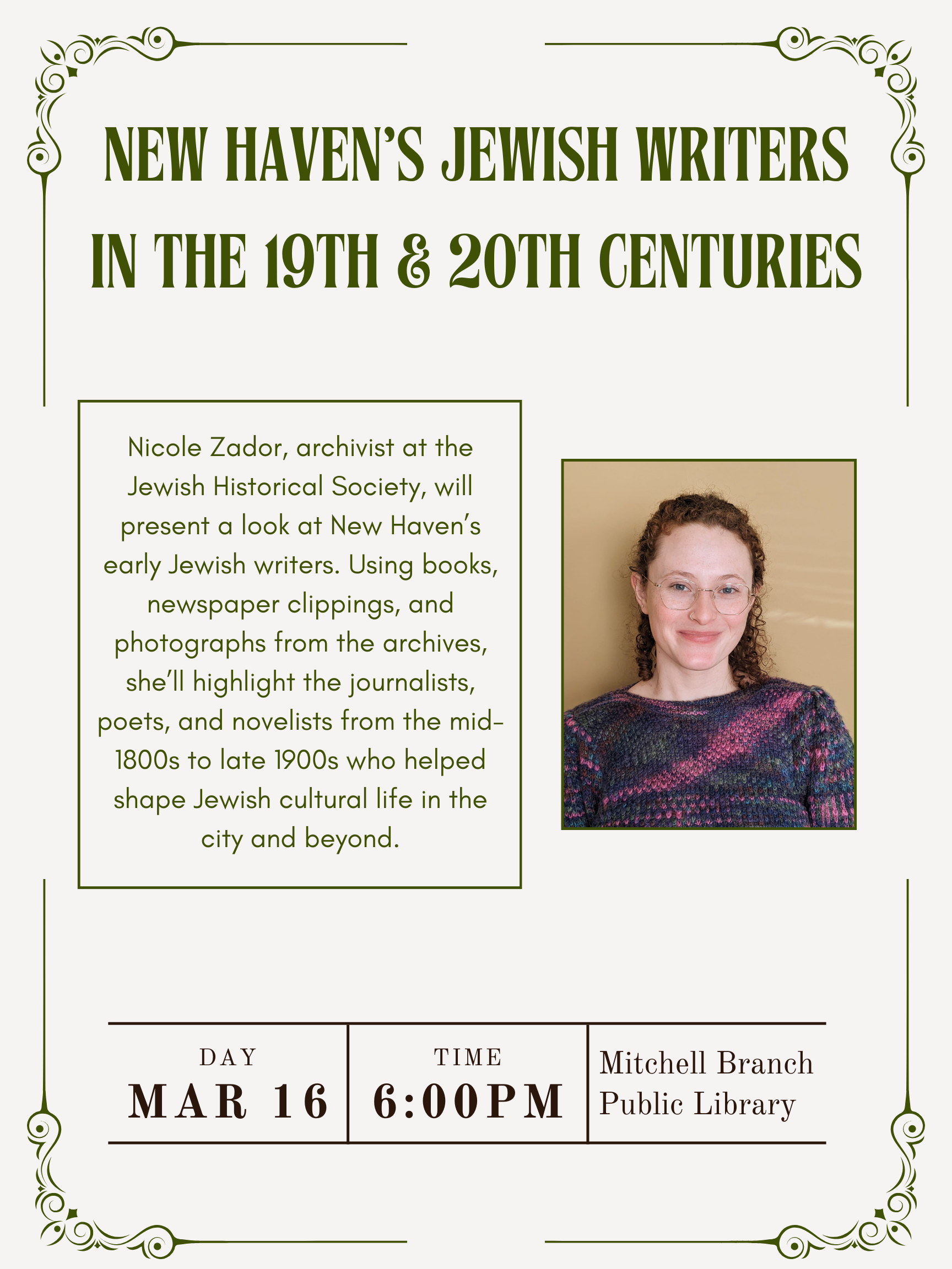 flyer for reading "New Haven's Jewish Writers in the 19th & 20th Centuries" held on March 16, 6PM at the Mitchell Public Library.