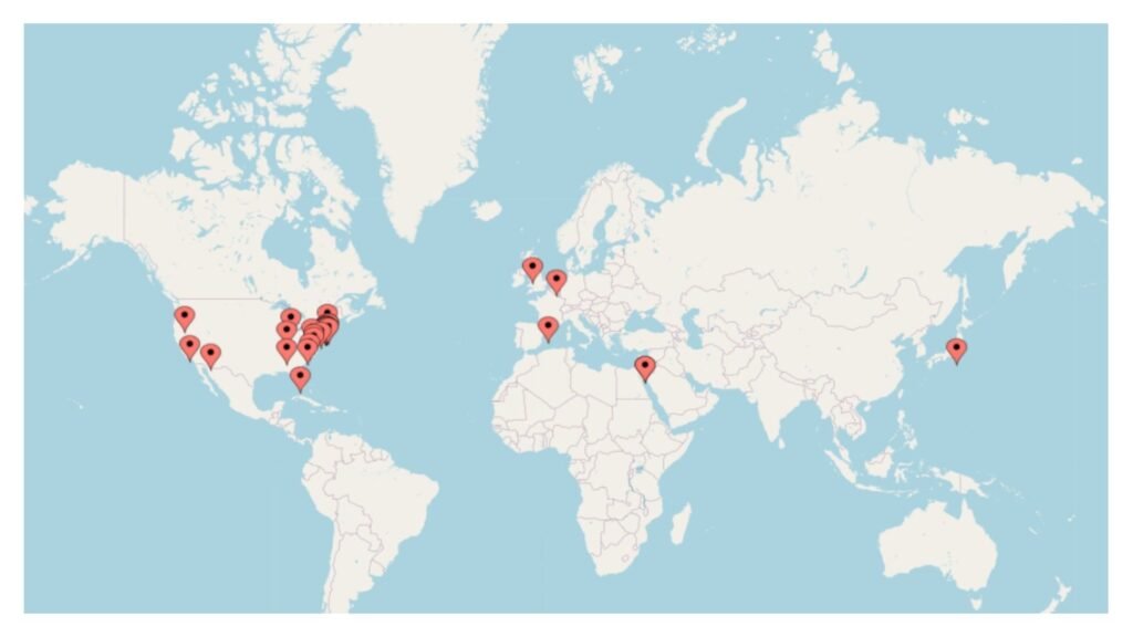 Map of the world with red pinpoints, each marking a different places the Jewish Historical Society of Greater New Haven has received research requests from, including: California, Connecticut, Florida, Illinois, Massachusetts, Michigan, New Jersey, New Mexico, New York, and Wisconsin. As well as, the Netherlands, the United Kingdom, Israel, Japan, and Spain.